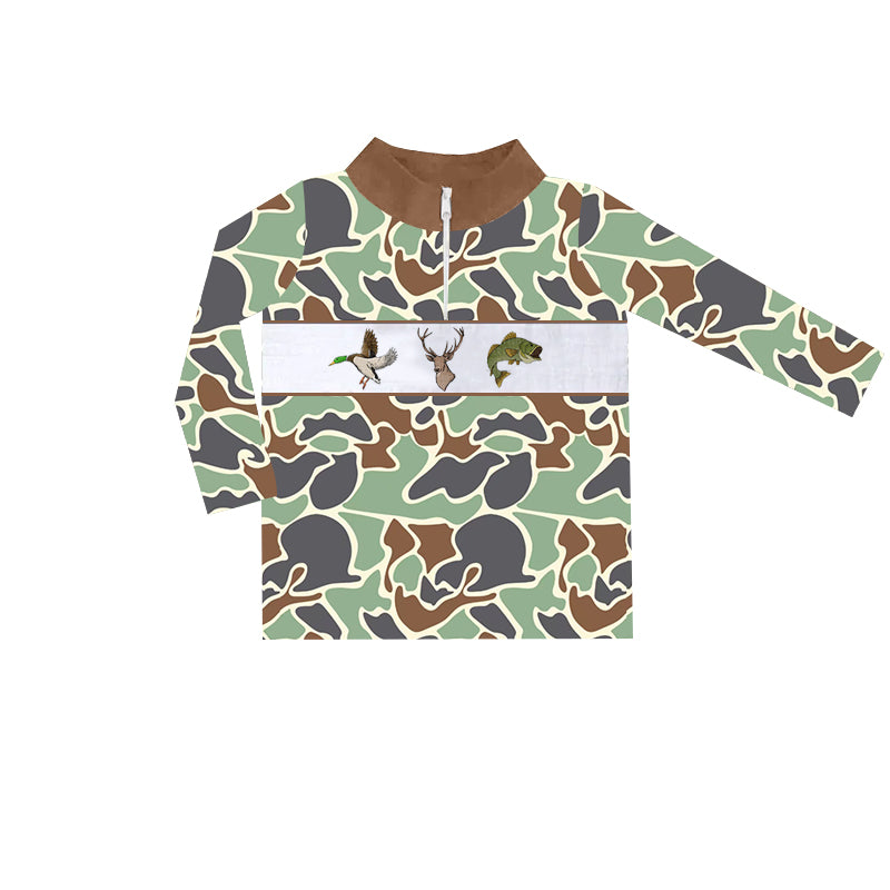 (Pre-order)BT0902 Duck Deer Fish Green Camo Print Boys Pullover Zipper Top