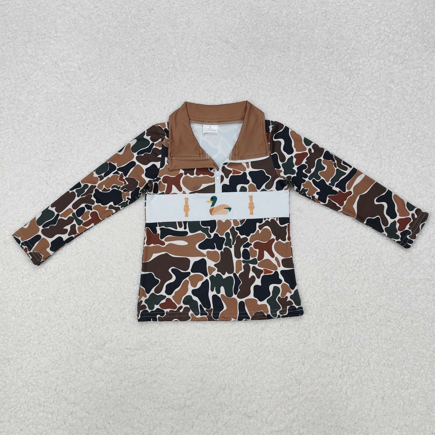 BT0903 Duck Call Embroidery Brown Camo Print Boys Pullover Zipper Top