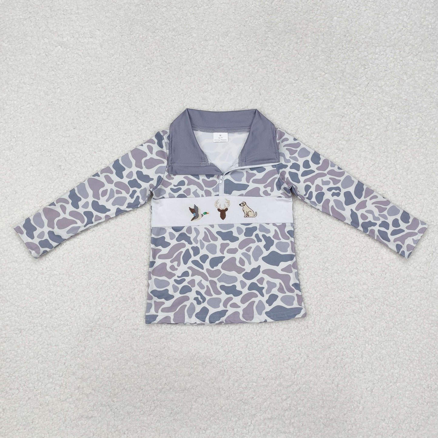 BT0904 Duck Deer Dog Embroidery Grey Camo Print Boys Zipper Pullover Top