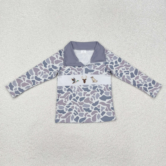 BT0904 Duck Deer Dog Embroidery Grey Camo Print Boys Zipper Pullover Top