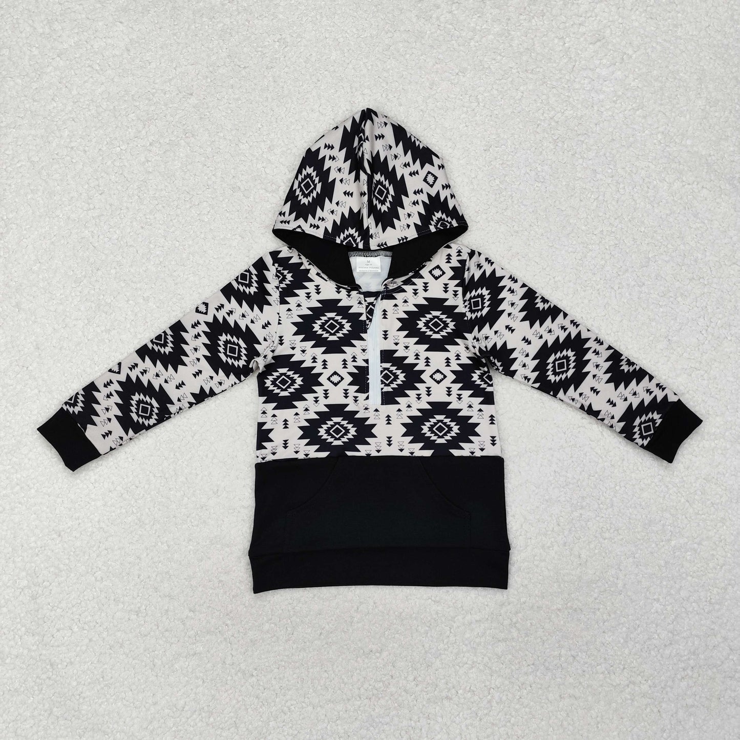 BT0907 Black Aztec Print Boys Western Hoodie Zipper Pullover Top