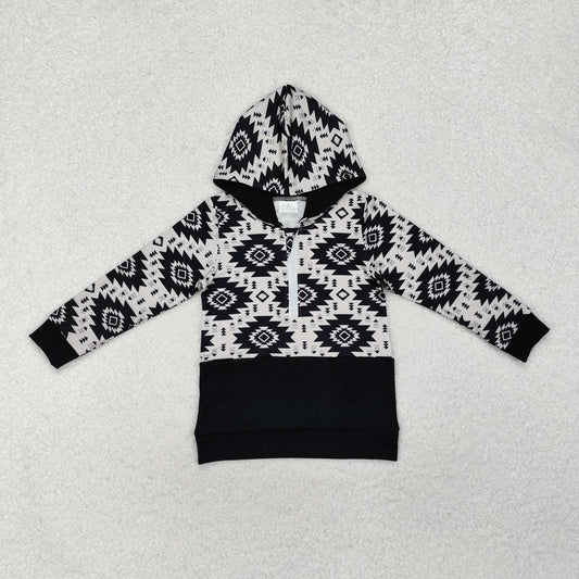 BT0907 Black Aztec Print Boys Western Hoodie Zipper Pullover Top