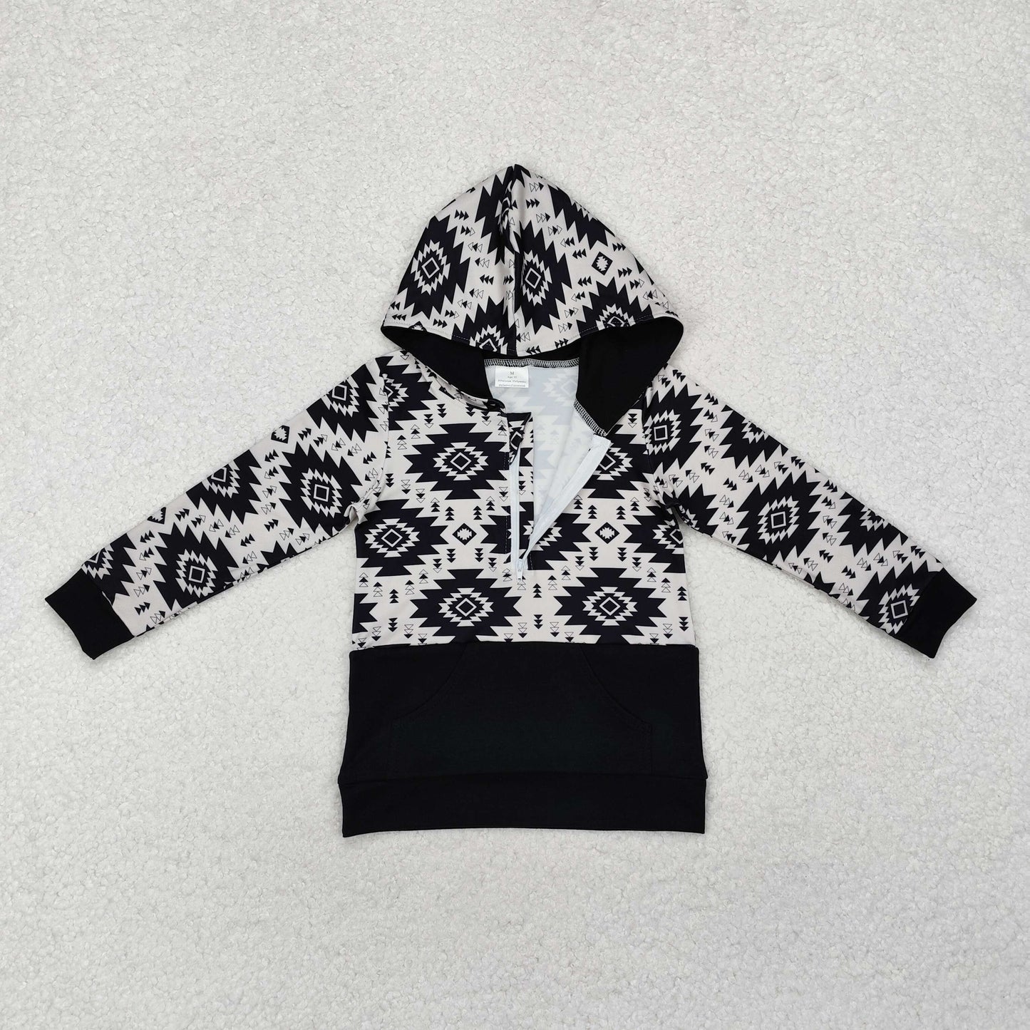 BT0907 Black Aztec Print Boys Western Hoodie Zipper Pullover Top