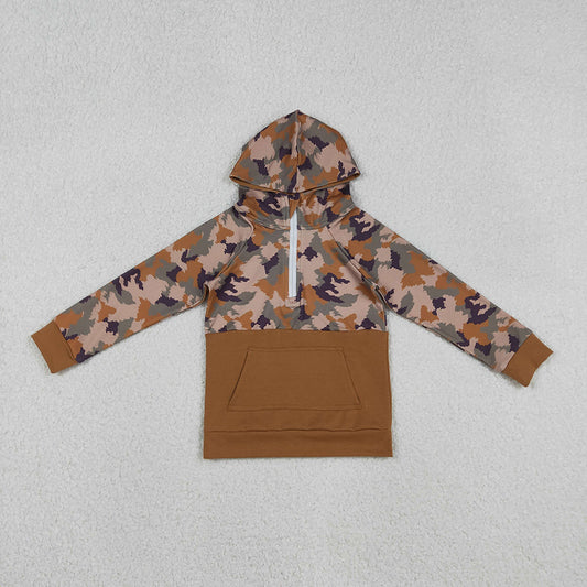 BT0912 Brown Camo Print Boys Pocket Zipper Hoodie Top