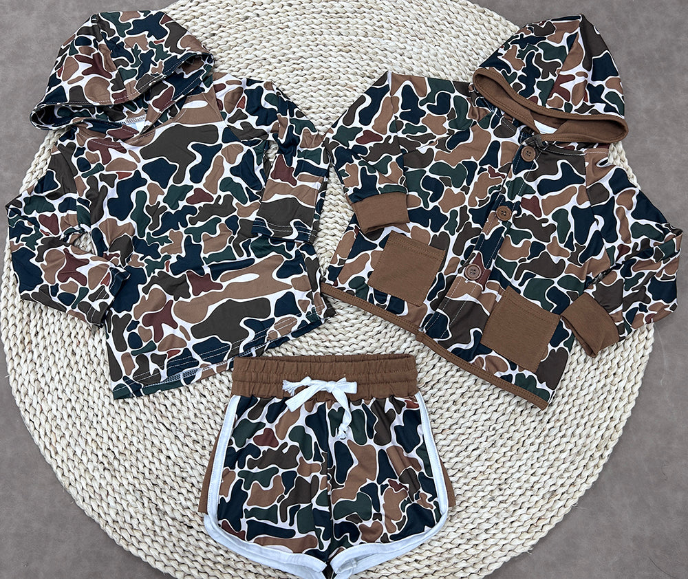 Brown Camo Hoodie Top Shorts Kids Clothes Set Sibling Wear