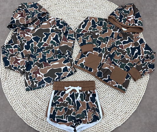 Brown Camo Hoodie Top Shorts Kids Clothes Set Sibling Wear