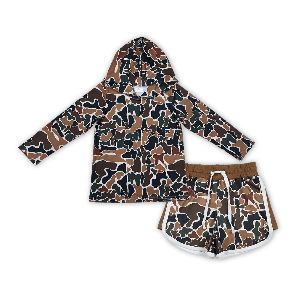 Brown Camo Hoodie Top Shorts Kids Clothes Set Sibling Wear