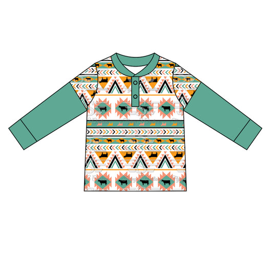 (Pre-order)BT0924  Aztec Green Print Boys Fall Western Polo Tee Shirts Top