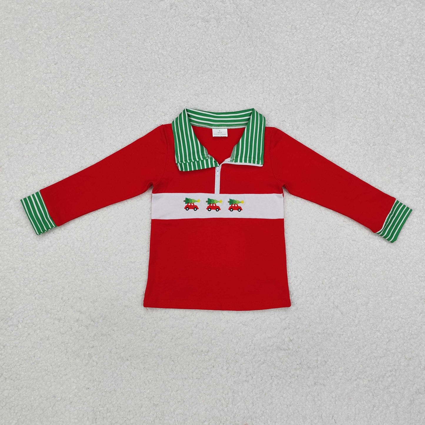 BT0930  Tree Cars Embroidery Red Boys Christmas Zipper Pullover Top