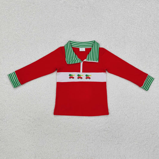 BT0930  Tree Cars Embroidery Red Boys Christmas Zipper Pullover Top