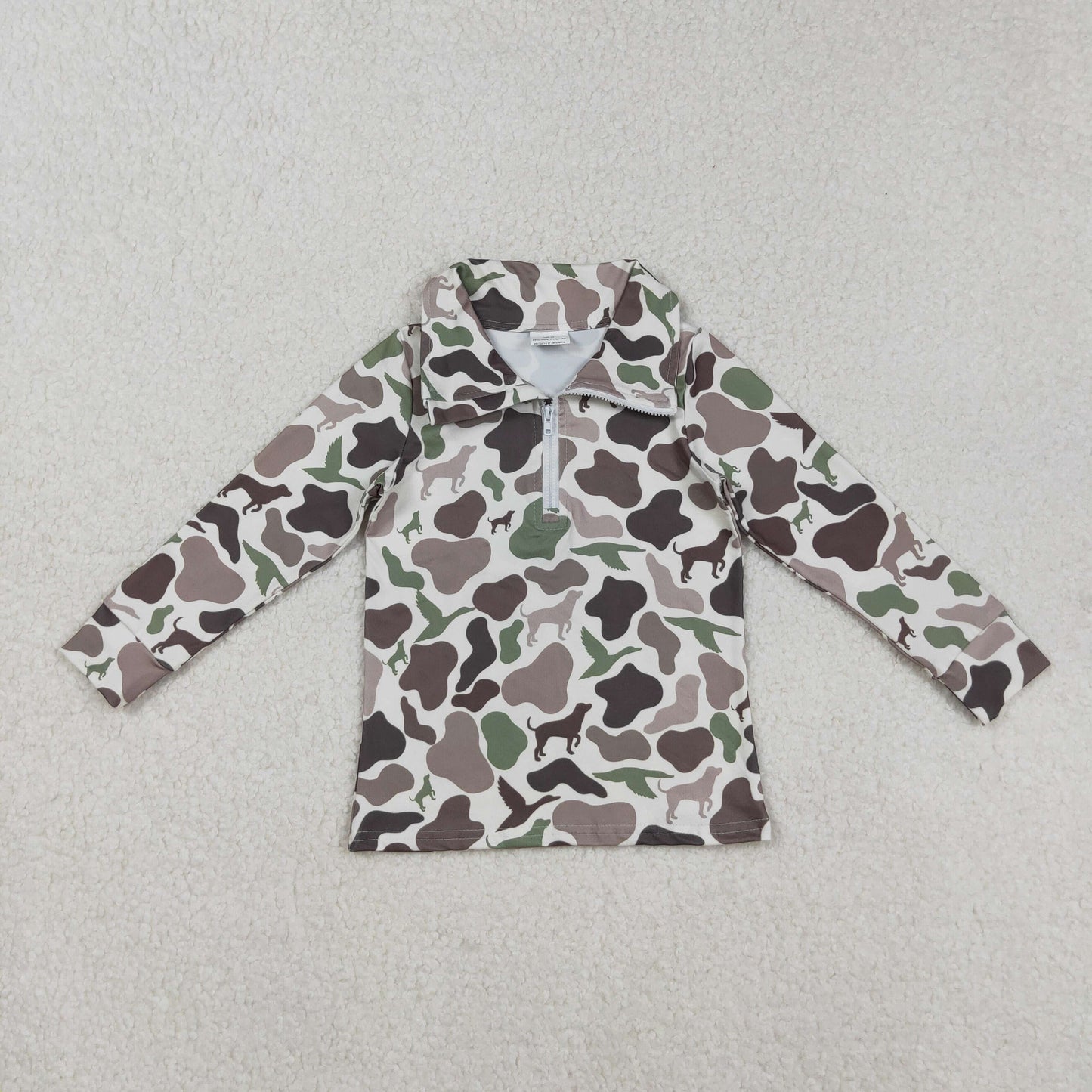 BT0955   Dog Duck Camo Print Boys Fall Zipper Pullover Top