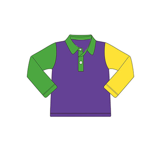 (Pre-order)BT0997  Green Yellow Purple Color Boys Mardi Gras Polo Top