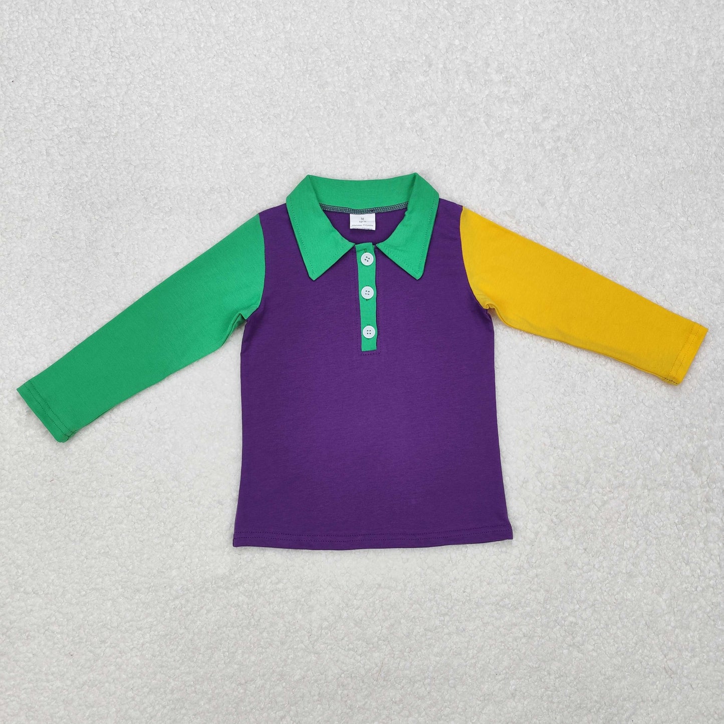 BT0997 Green Yellow Purple Color Boys Mardi Gras Long Sleeve Polo Top