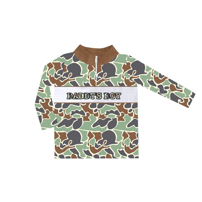 (Pre-order)BT0999  DADDY'S Boy Brown Green Camo Print Boys Fall Zipper Pullover Top