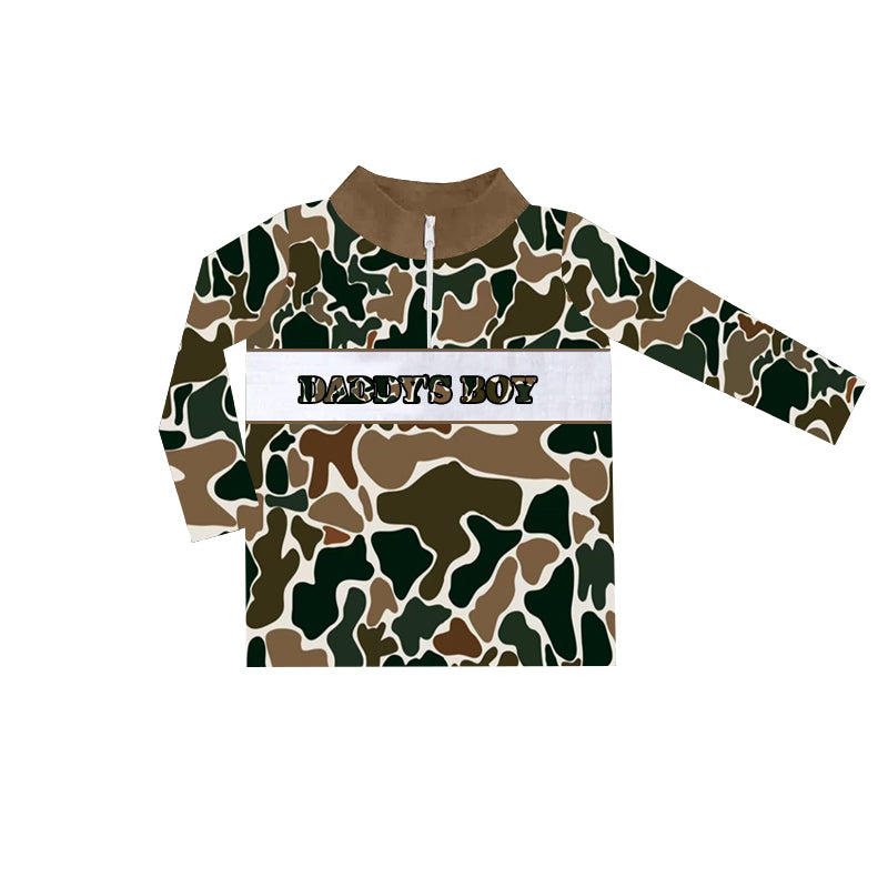 (Pre-order)BT1000  DADDY'S Boy Brown Camo Print Boys Fall Zipper Pullover Top