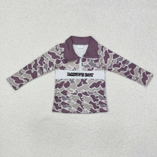 BT1001  DADDY'S Boy Embroidery Camo Print Boys Fall Zipper Pullover Top