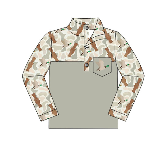 (Pre-order)BT1027 Gray Camo Duck Call Print Boys Fall Polo Top