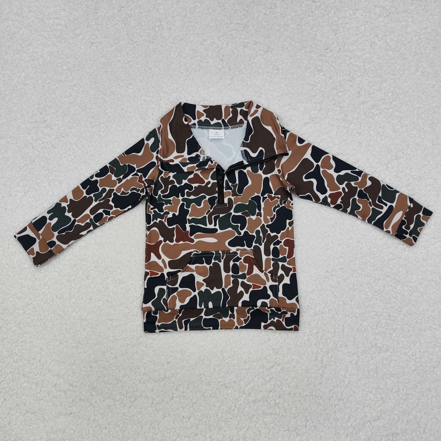 BT1038 Dark Brown Camo Print Boys Zipper Pullover Top