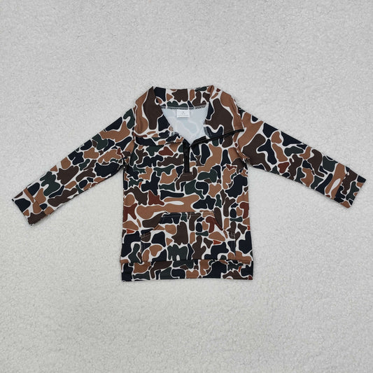 BT1038 Dark Brown Camo Print Boys Zipper Pullover Top