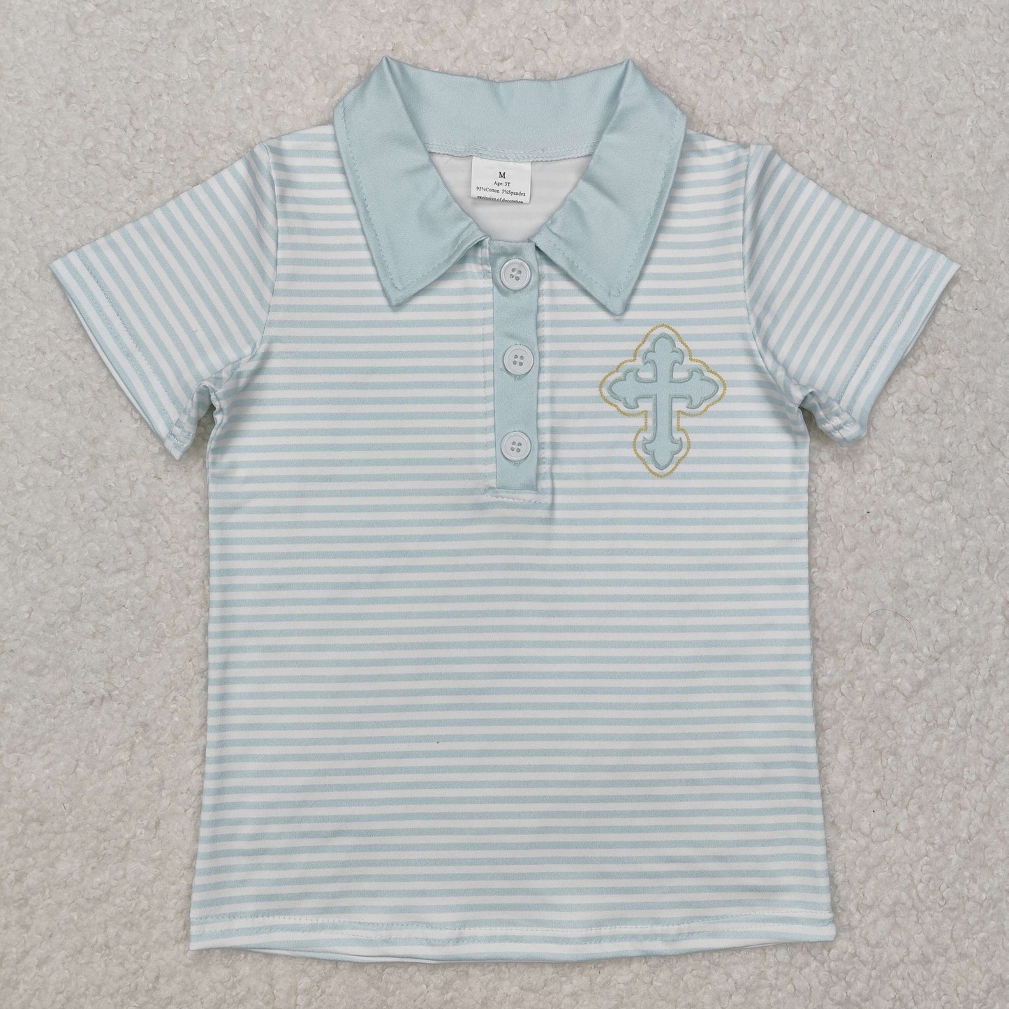 BT1045 Cross Aqua Stripes Print Boys Easter Polo Tee Shirts Top