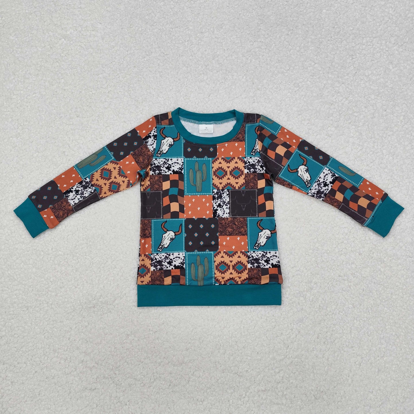 BT1060  Cow Skull Cactus Aztec Print Boys Western Tee Shirts Top