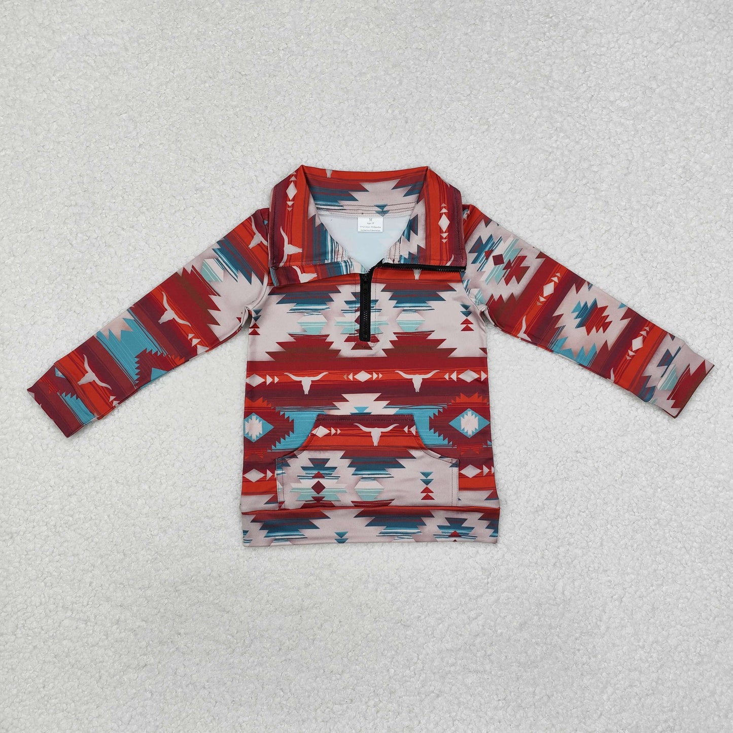 BT1065 Aztec Wine Print Boys Western Zipper Pullover Top