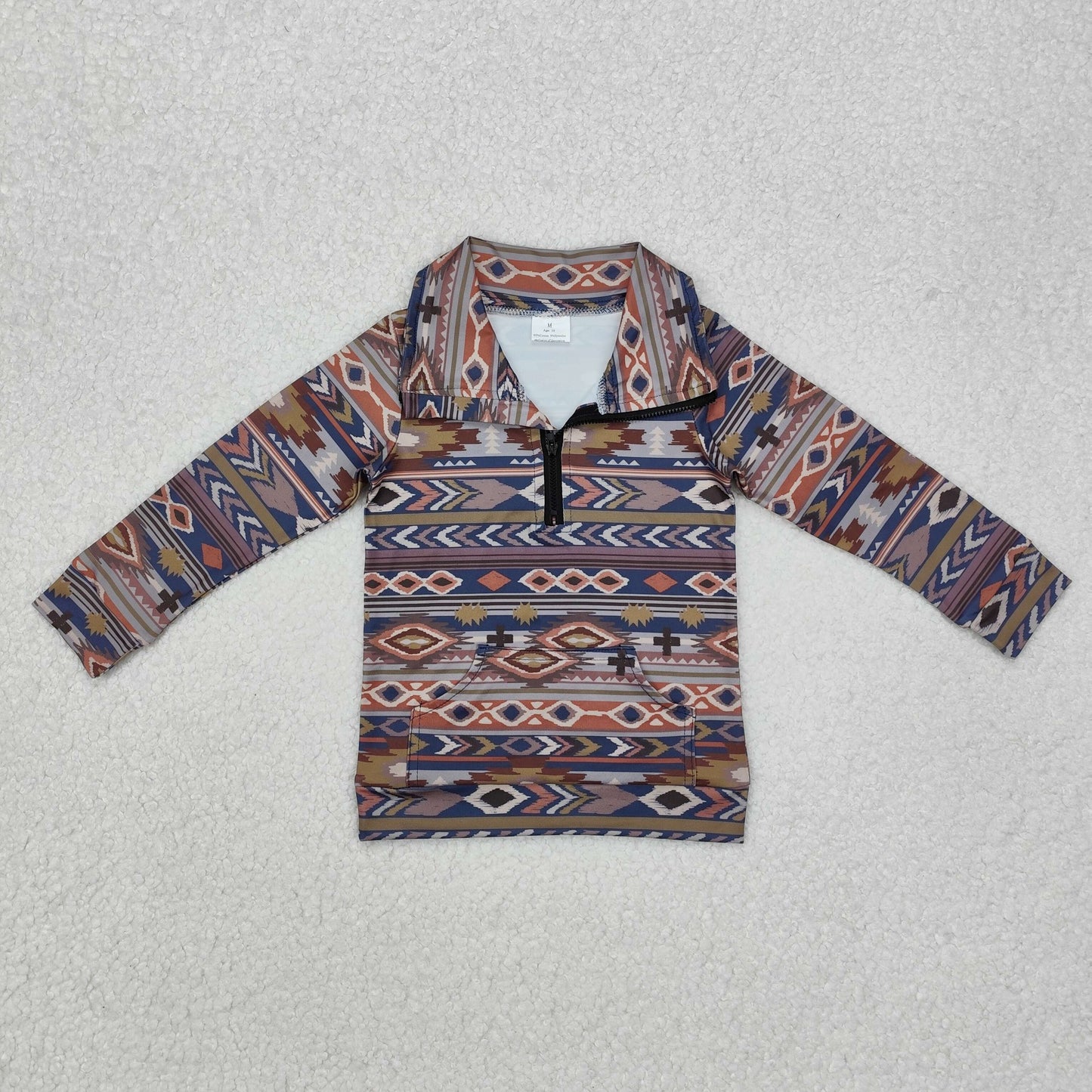 BT1066 Brown Aztec Print Boys Western Zipper Pullover Top