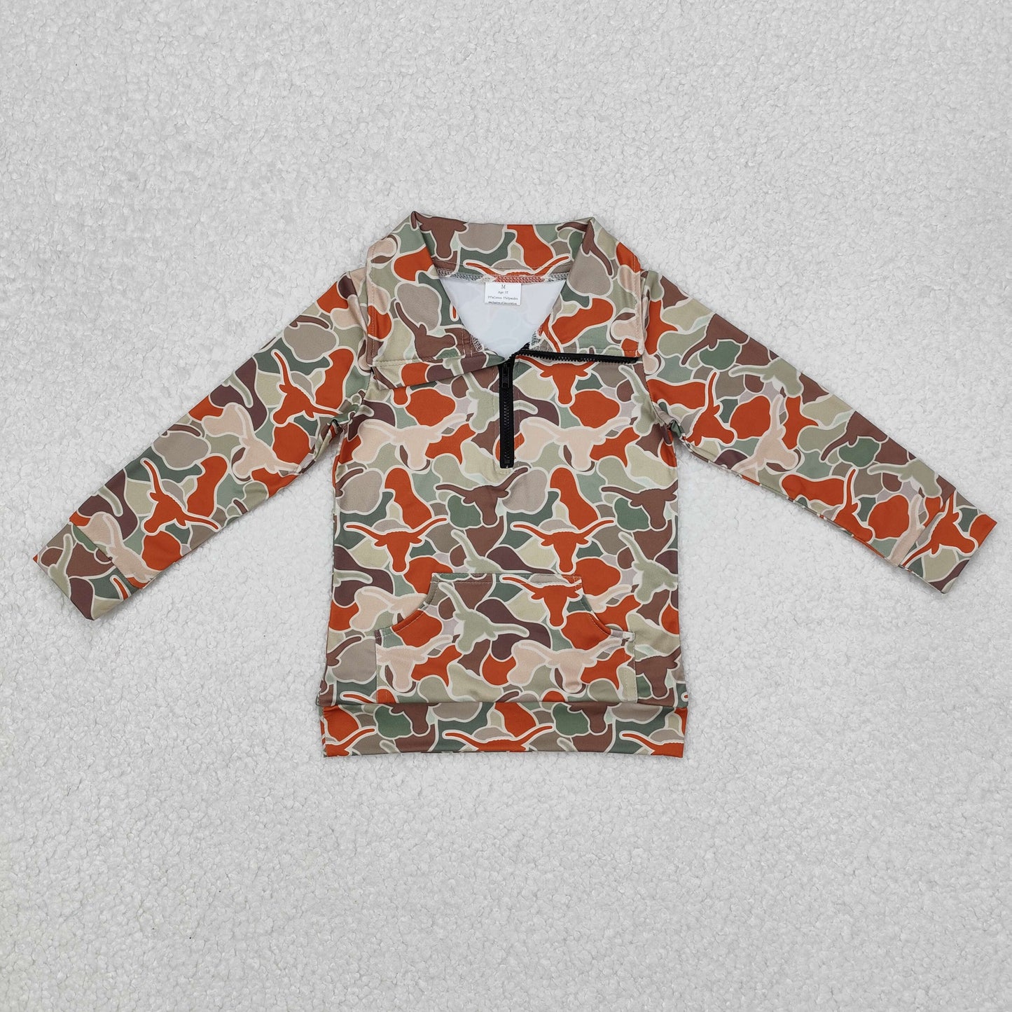 BT1069 Longhorn Camo Print Boys Western Zipper Pullover Top