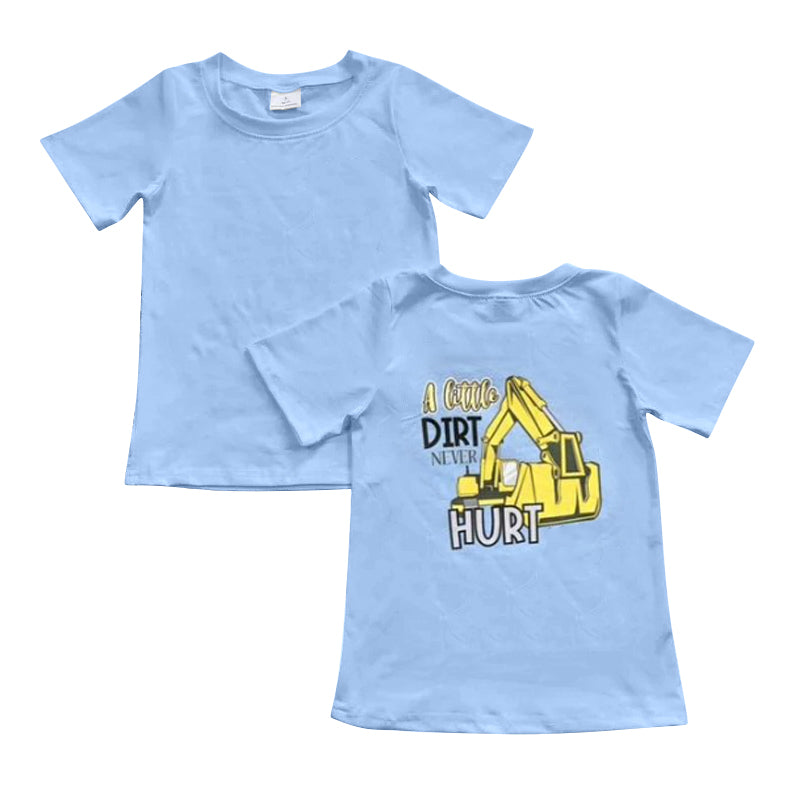 (Pre-order)BT1076 DIRT NEVER HURT Construction Trucks Blue Print Boys Summer Tee Shirts Top