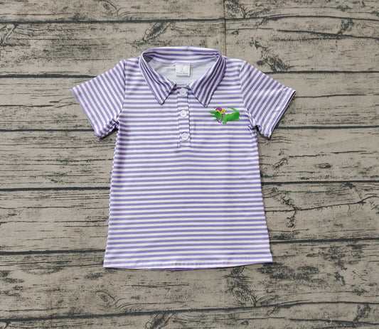 (Pre-order)BT1092 Crocodile Purple Stripes Print Boys Mardi Gras Polo Top