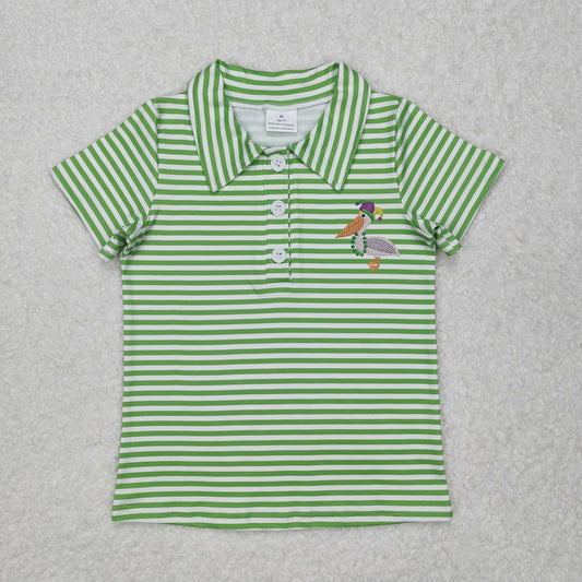 BT1094 Bird Green Stripes Print Boys Mardi Gras Polo Top