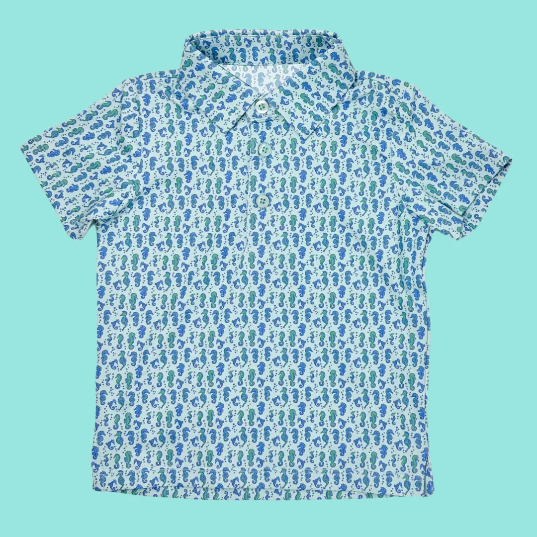 (Pre-order)BT1113  Seahorse Print Boys Summer Polo Top