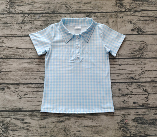 (Pre-order)BT1125  Blue Plaid Print Boys Short Sleeve Polo Top