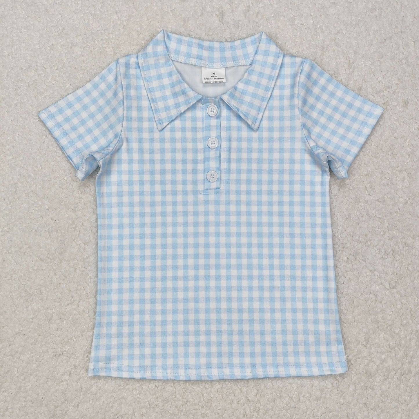 BT1125  Blue Plaid Print Boys Short Sleeve Polo Tee Shirts Top