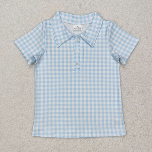 BT1125  Blue Plaid Print Boys Short Sleeve Polo Tee Shirts Top