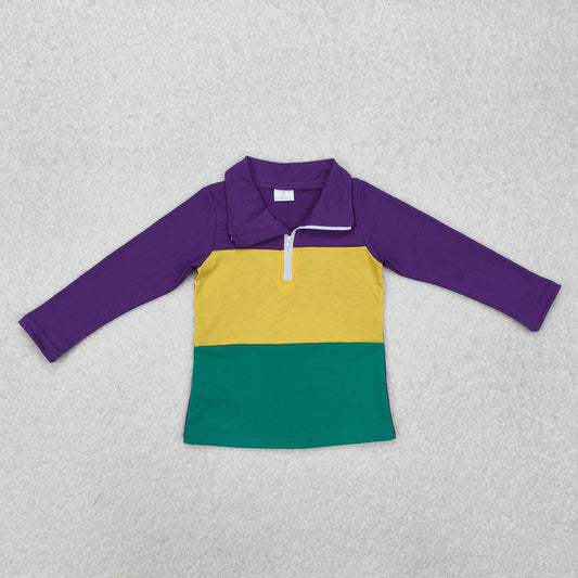 BT1130  Purple Yellow Green Color Boys Long Sleeve Mardi Gras Zipper Pullover Top