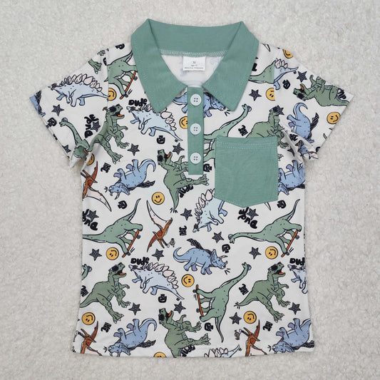 BT1133  Dino Smiling Face Print Boys Summer Polo Tee Shirts Top