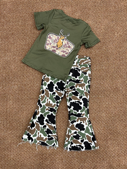 BT1148+P0582 Deer Green Top Camo Denim Bell Jeans Girls Hunting Clothes Set