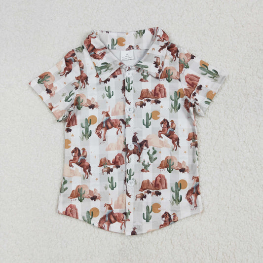 BT1155  Cowboy Cactus Print Boys Short Sleeve Tee Shirts Top