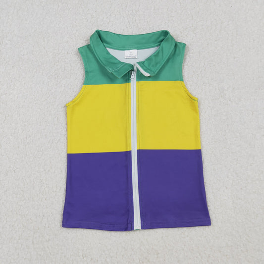 BT1157  Green Yellow Purple Color Kids Mardi Gras Sleeveless Patchwork Zipper Vest Top