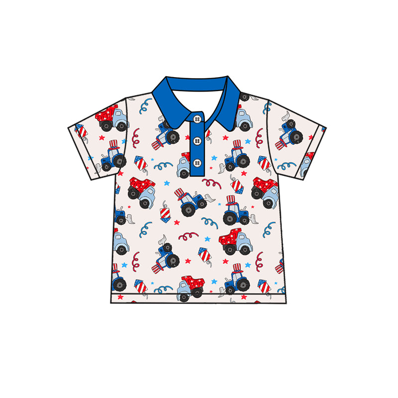 (Pre-order)BT1163  Construction Stars Print Boys 4th of July Short Sleeve Polo Tee Shirts Top