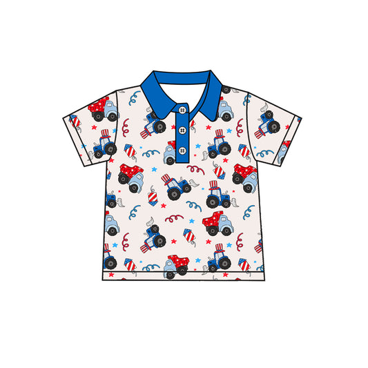 (Pre-order)BT1163  Construction Stars Print Boys 4th of July Short Sleeve Polo Tee Shirts Top