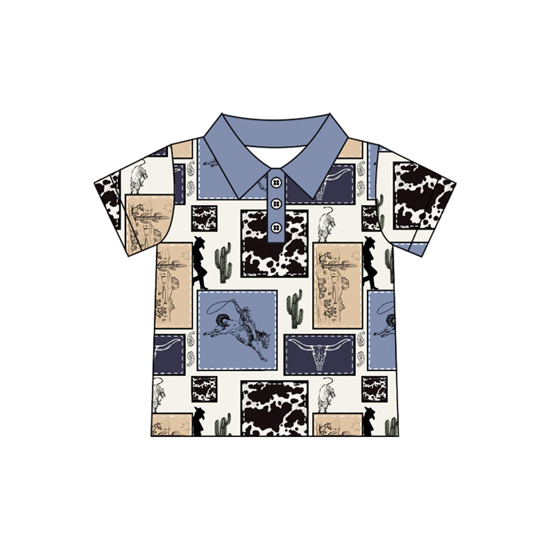 (Pre-order)BT1169  Cowboy Western Print Boys Polo Tee Shirts Top
