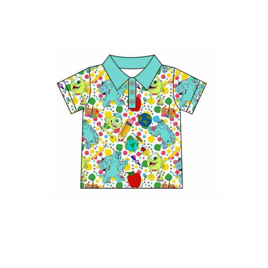 (Pre-order)BT1188  Cartoon Monster Pen Apple Print Boys Back to School Polo Tee Shirts Top
