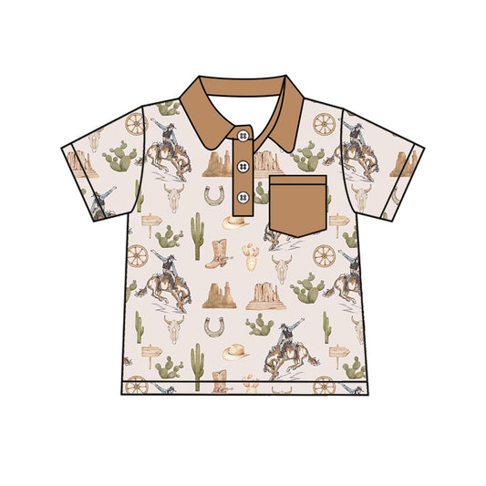 (Pre-order)BT1196   Cowboy Cactus Print Boys Summer Polo Tee Shirts Top