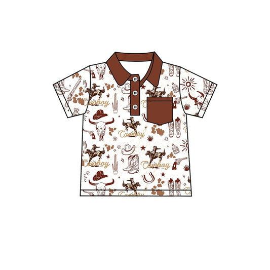 (Pre-order)BT1197   Cowboy Cow Skull Boots Print Boys Summer Polo Tee Shirts Top