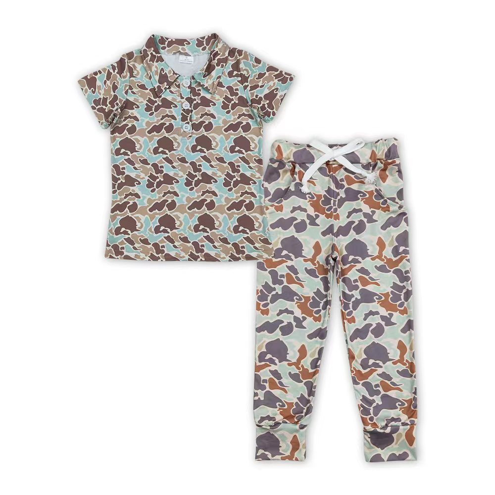 3 Colors Camo Polo Top Pockets Pants Kids Hunting Clothes Set Sibling Wear