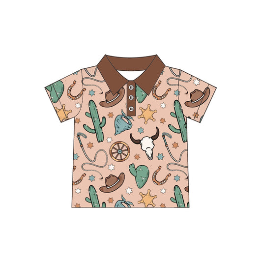 (Pre-order)BT1224 Hat Cactus Western Print Boys Summer Polo Tee Shirts Top