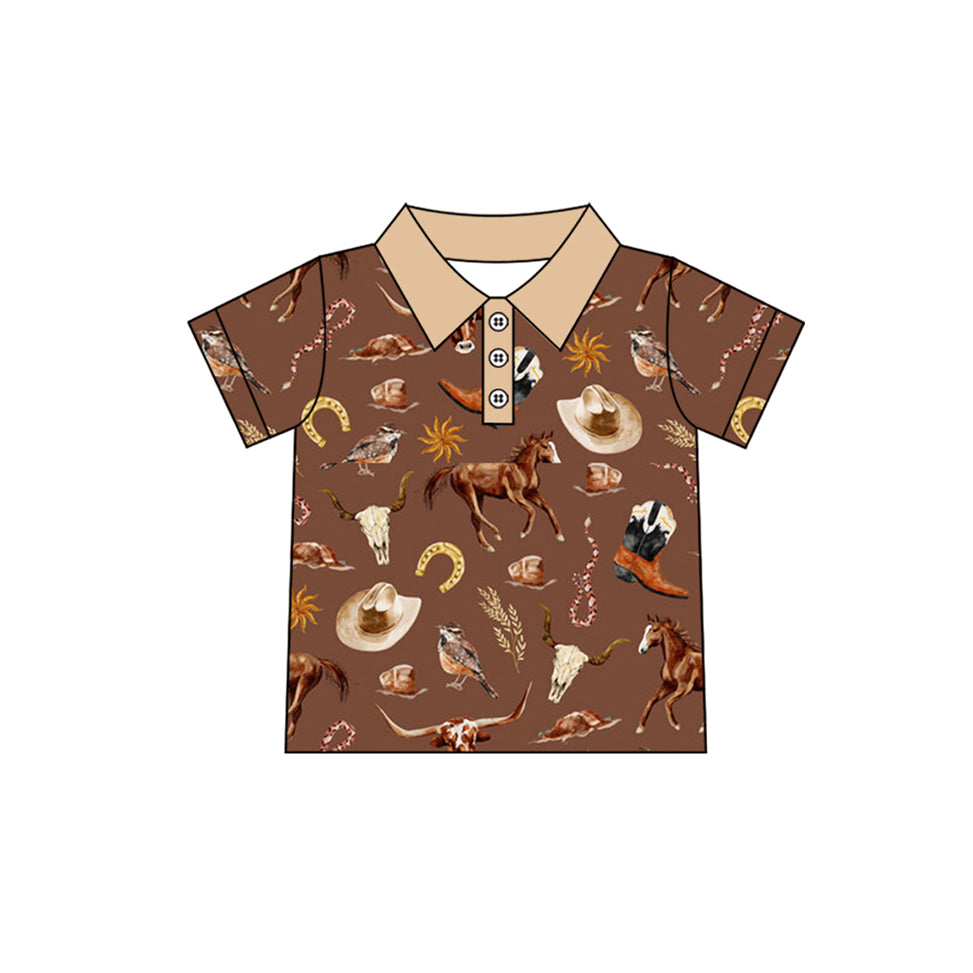 (Pre-order)BT1230 Horse Hat Western Brown Print Boys Summer Polo Tee Shirts Top
