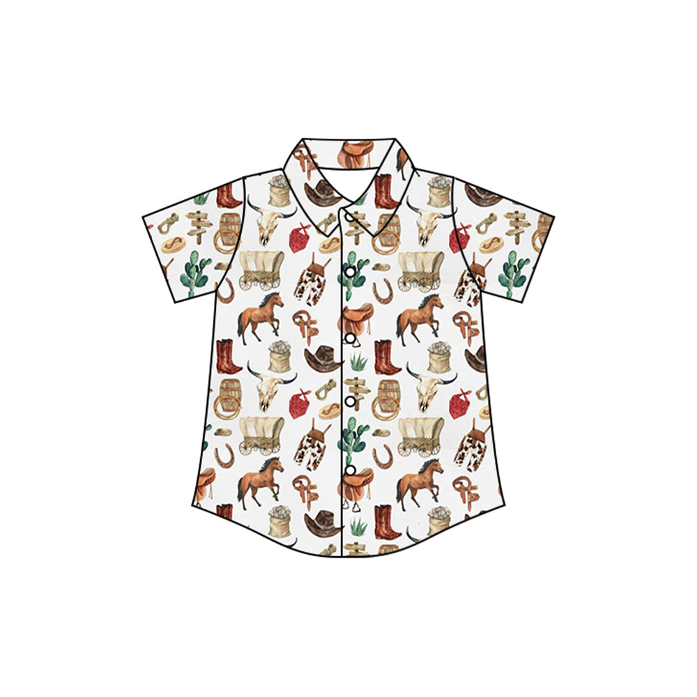 (Pre-order)BT1231 Horse Hat Western Print Boys Summer Tee Shirts Top